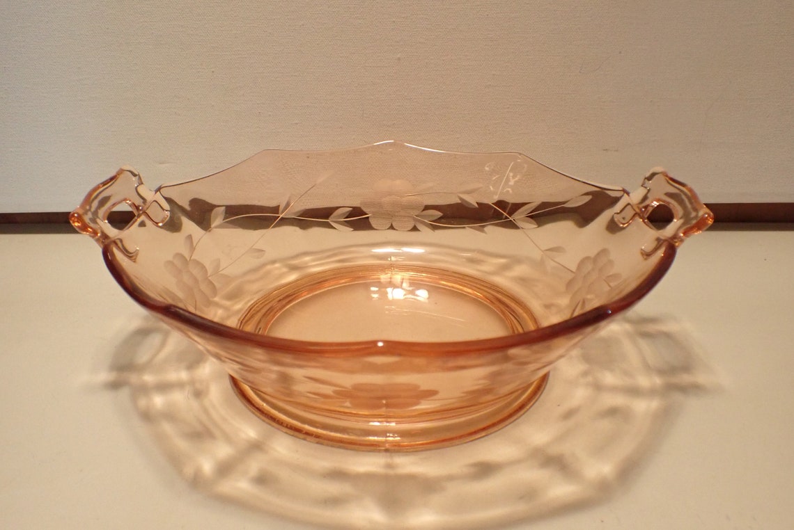 Vintage Etched Pink Depression Glass Fruit Bowl 2 Handled Etsy