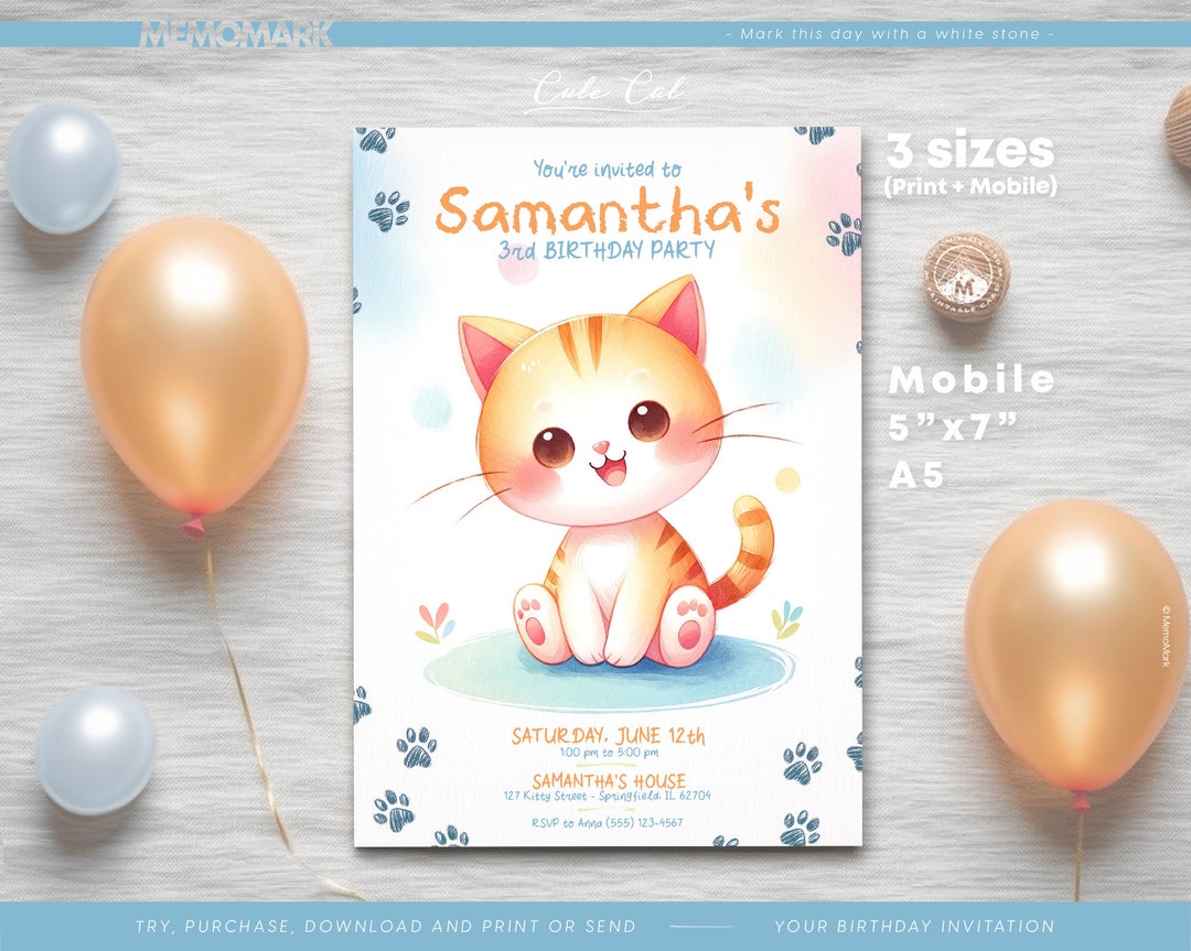 Kitty Cat, Birthday Invitation Template for Kids - Corjl Editable ...