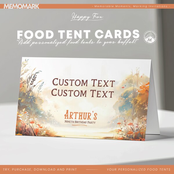 Happy Fox Birthday Food Tent Cards for Kids - Editable Party Supplies, Custom Place Cards, Printable Food Labels, Instant Download