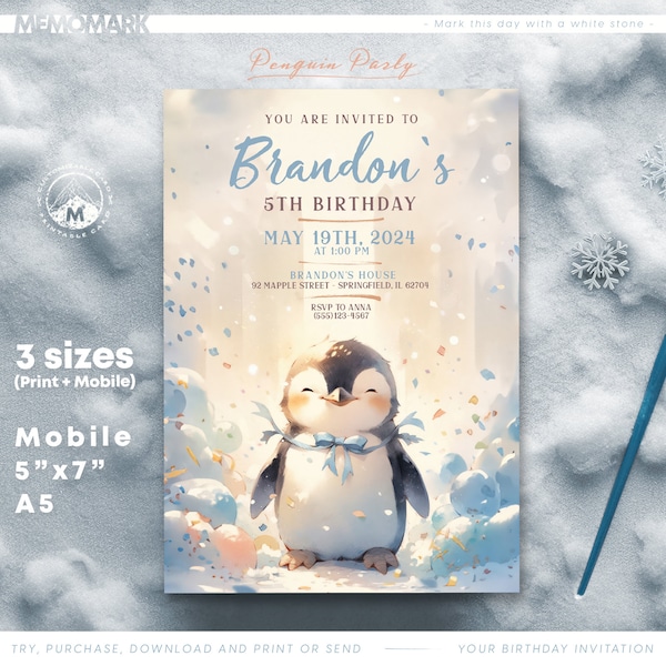 Happy Penguin, Birthday Invitation Template for Kids - Corjl Editable Watercolor Penguin Theme Party, Instant Download for print and mobile