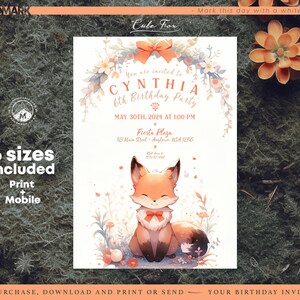 Süße Rotfuchs Geburtstagseinladungsvorlage für Kinder - Bearbeitbare Corjl-Vorlage für Fuchs-Geburtstagsparty-Thema, druckbare Karte, Sofortiger Download