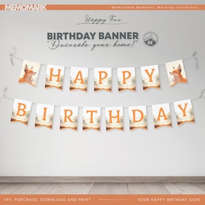 Banner di compleanno Happy Fox per bambini - Festa a tema volpe carina modificabile nella foresta, banner stampabile, download istantaneo - modello di banner festa