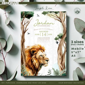 Plantilla de invitación de cumpleaños infantil con temática de la selva de leones - Tarjeta de acuarela editable de Corjl con temática del Rey León, descarga instantánea para imprimir y móvil