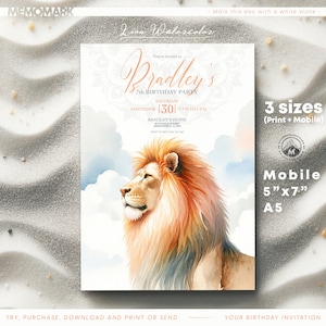 Plantilla de invitación de cumpleaños infantil con temática de león - Tarjeta de acuarela editable de safari del rey león de Corjl, descarga instantánea para imprimir y móvil