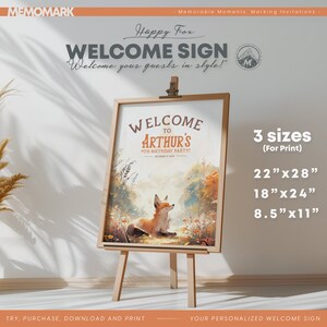 Cartel de bienvenida de cumpleaños: Plantilla digital Corjl para imprimir y editar para niños con temática de fiesta del bosque de zorros felices.
