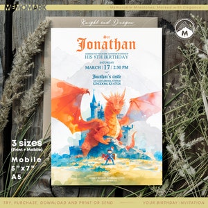 Knight and Dragon Birthday Invitation – Editable Corjl Template, Medieval Party Card for Kids, Instant Download Printable