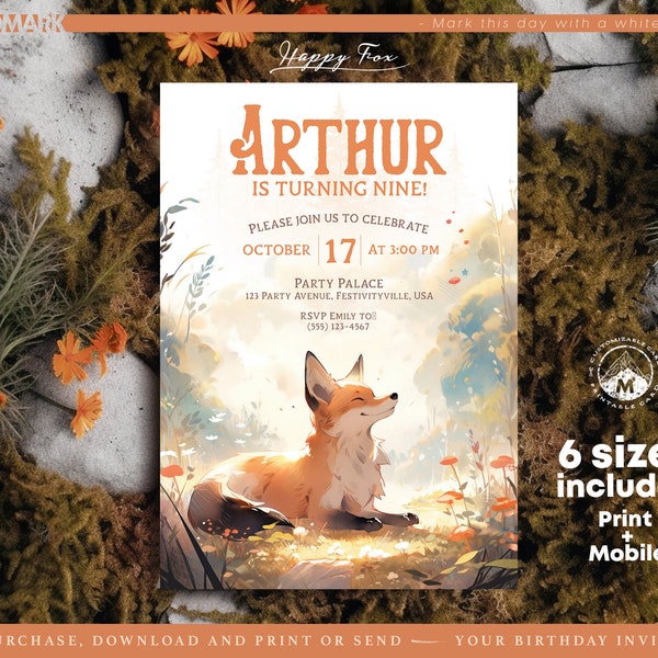 Happy Fox, Kids Birthday Invitation Template - Corjl Editable Invitation, Cute Fox in Forest - Instant Download for print and mobile - DIY