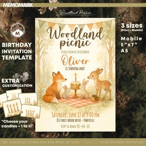Woodland Picnic Birthday Invitation – Editable Corjl Template, Forest Animals Theme, 1st to 5th Birthday, Instant Download