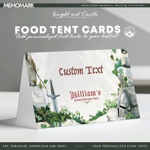 Cartões de barraca de comida de aniversário de Knight and Castle para crianças - materiais de festa editáveis, cartões de lugar personalizados, etiquetas de alimentos para impressão, download instantâneo