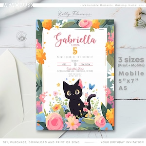Black Cat Birthday Invitation - Floral Kitty Corjl Template for Girls, Printable Cute Cat Party Card, Editable Download