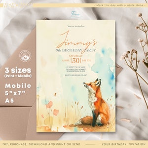 Fox Theme, Birthday Invitation Template for Kids - Corjl Editable Watercolor Happy Fox in Field Card, Instant Download for print and mobile
