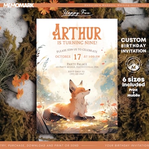 Invito di compleanno a tema volpe - Modello modificabile Corjl per bambini, invito a tema animali della foresta, download immediato per dispositivi mobili e stampa