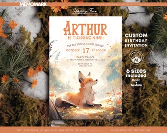 Happy Fox, Kids Birthday Invitation Template - Corjl Editable Invitation, Cute Fox in Forest - Instant Download for print and mobile - DIY