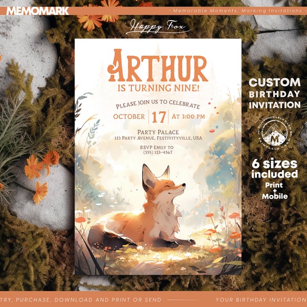 Happy Fox, Kids Birthday Invitation Template - Corjl Editable Invitation, Cute Fox in Forest - Instant Download for print and mobile - DIY