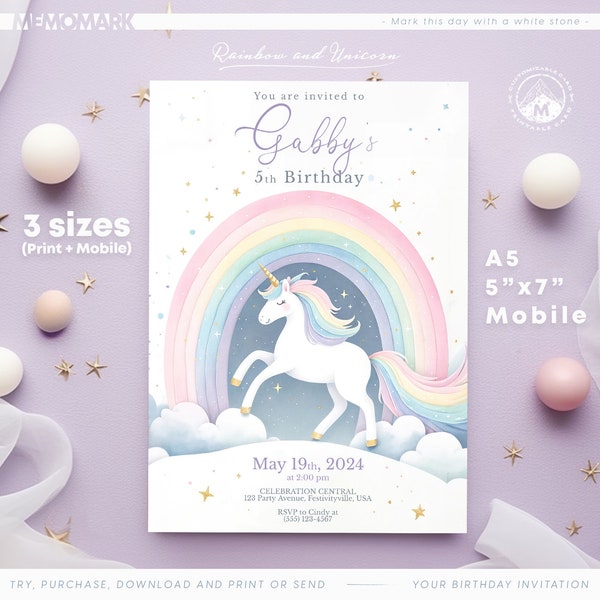 Unicorn and Rainbow, Birthday Invitation Template for Kids - Corjl Editable Watercolor Unicorn Card, Instant Download for print and mobile