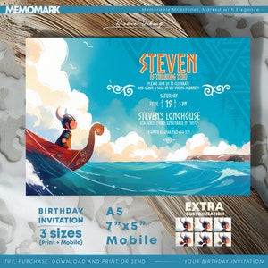 Viking Birthday Invitation Template for Kids - Corjl Editable Viking on his Boat at Sea Card, Instant Download for print and mobile - DIY