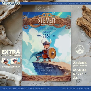 Viking Birthday Invitation Template for Kids - Corjl Editable Viking under Aurora Borealis Card, Instant Download for print and mobile - DIY