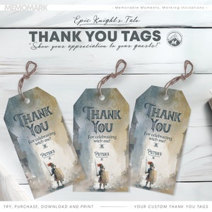 Knight and Castle Birthday Thank You Tags for Kids - Editable and printable Favor Label Template, Medieval Theme Party,  Instant Download