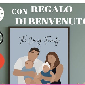 Puede incluir: Una ilustración digital de un retrato familiar con un fondo azul claro. La familia incluye un hombre, una mujer y dos bebés. El texto "The Craig Family" está escrito en cursiva sobre la familia. La imagen está enmarcada en un marco negro.