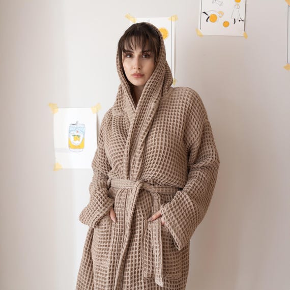 Turkish Cotton Waffle Weave Robe: Hooded Spa Bathrobe