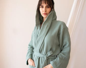 Cotton Gauze Hooded Robe, 4-Layer Spa Sauna Bathrobe Hotel Quality Turkish Aegean Cotton All Seasons Bath Wear, Perfect Soft Wellness Gift
