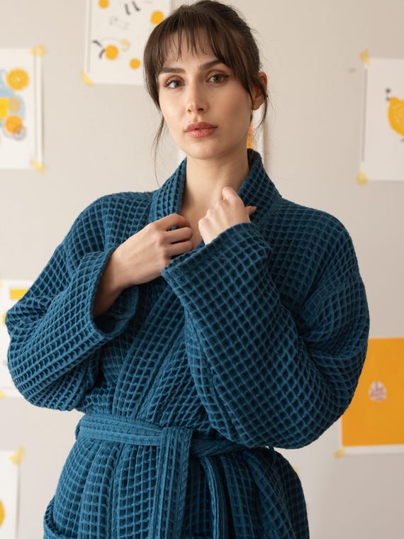 white christmas dresses American Soft Linen Premium Collection 100% Cotton Waffle Robes for Women and Men, Kimono Navy-Blue / S/M