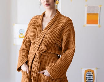 Kimono Waffle Robe for Women | Premium Turkish Cotton Bathrobe | Women&#39;s Spa Robe, Cozy Soft Light Versatile Robe, Housecoat, Dressing Gown