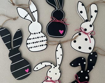 Wooden pendant rabbit black and white set of 6 - Easter, Easter pendant, spring, decoration idea, crafts at Easter