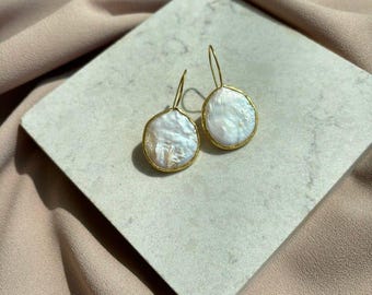Genuine Large Coin Pearl Gold Earrings , Pearl Stud EarringsHandmade Baroque, Pearl Stud Earrings ,18kt Gold Brass Baroque Pearl Stud