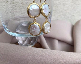 Double Natural Coin Pearl Dangling Earrings,Baroque Pearl Earrings, Gold Pearl Drop Earrings, Freshwater Pearl Jewelry,Gift for Women