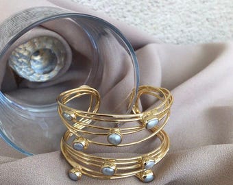 Thick Cuff Multiple Barley Pearl Design Bracelet,Irregular Bone and Barley Pearl Combination Design Cuff Bracelet, Natural Pearl GoldPlated
