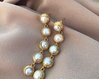 Long Design Series Five Round Pearl Earrings,Butterfly Design Natural Baroque Pearl Earrings,18kt Gold Baroque Pearl Dangler Earrings ,