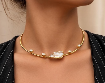 Irregular Large Baroque Pearl Hoop Necklace,Large Irregular Bone Baroque Pearl Gold Necklace, wedding nackless,