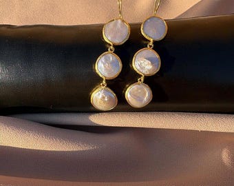 Triple Natural Coin Pearl Dangle Long Earrings,Baroque Pearl Dangler Earrings: Gold Brass, Natural Pearl ,Baroque Pearl Earring -