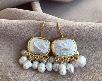 Unique Natural Square Baroque Pearl Dangling Earrings ,Baroque Pearl Stud Earrings – Gold Plated Statement Earrings, Sculptural Design,