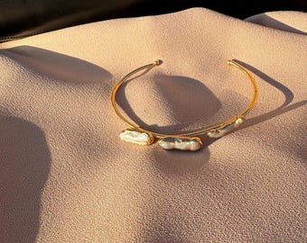 Elegant Gold Bracelet with Three Real Bubblegum Pearls AdjustablePearl Elegant Cuff Adjustable Gold Bracelet,