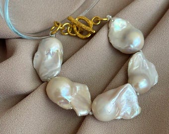 Genuine Large White Baroque Pearl Timeless Bracelet,Patterned Cast Genuine Barley Pearl Adjustable Cuff Bracelet,