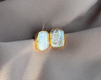 Vintage Square Real Baroque Pearl Stud EarringsHandmade Baroque Pearl Stud Earrings ,18kt Gold Brass Baroque Pearl Stud Earrings ,
