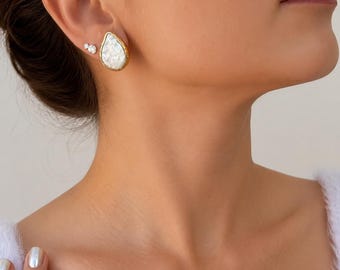 Vintage Drop Baroque Pearl Screw-On Gold Earrings,Vintage Square Real Baroque Pearl Stud EarringsHandmade Baroque Pearl Stud Earrings ,