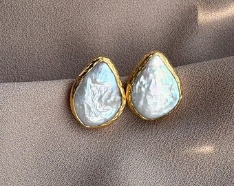 Vintage Drop Baroque Pearl Screw-On Gold Earrings,Vintage Square Real Baroque Pearl Stud EarringsHandmade Baroque Pearl Stud Earrings ,