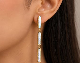 Genuine Triple Gum Pearl Long Elegant Gold Earrings,Triple Natural Coin Pearl Dangle Long Earrings,