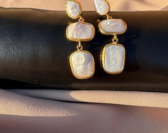 Geometric Patterned Real Baroque Pearl ,Unique Dangling Stud Earrings,Triple Natural Coin Pearl Dangle Long Earrings,Baroque Pearl Dangler