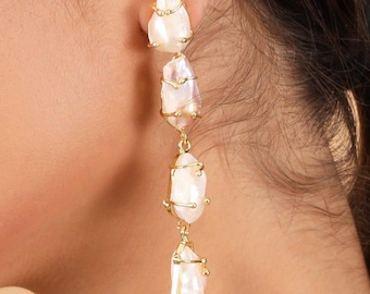 18kt Gold Baroque Pearl Dangler Earrings , Gold Plated 4 Drop Irregular Pearl Dangle Earrings for Womens By Beau Glint