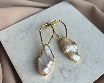 Unique Design Bone Pearl Gold Earrings, Large and Small Natural Pearl Combined Gold Earrings,Gold Plated Jewellery,