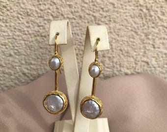 Large and Small Natural Pearl Combined Gold Earrings,Gold Plated Jewellery,
