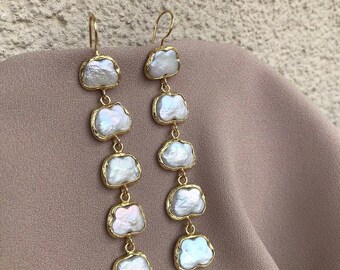 Butterfly Design Natural Baroque Pearl Earrings,18kt Gold Baroque Pearl Dangler Earrings , Gold Plated Drop Irregular Pearl Dangle Earrings