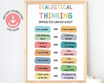 May include: A printable poster with the title "Dialectical Thinking: Opposites Can Co-Exist". The poster features a list of opposing statements, such as "I am capable" and "I need support", with each pair separated by the word "AND".
