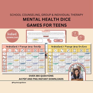 School Counseling & Therapy Dice Game for Teens, Group Therapy, Therapy Questions for Anxiety, Depression, Anger, Eating Disorders, Bullying