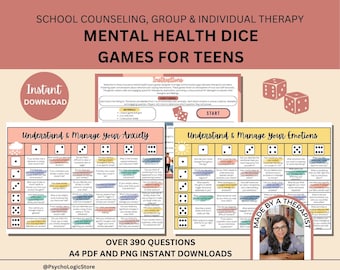 School Counseling & Therapy Dice Game for Teens, Group Therapy, Therapy Questions for Anxiety, Depression, Anger, Eating Disorders, Bullying