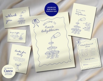 May include: Printable baby shower invitation set with a champagne bottle tower design. The set includes a welcome sign, diaper raffle card, books for baby card, predictions and advice card, and a thank you card. The cards are cream colored with blue text and illustrations.